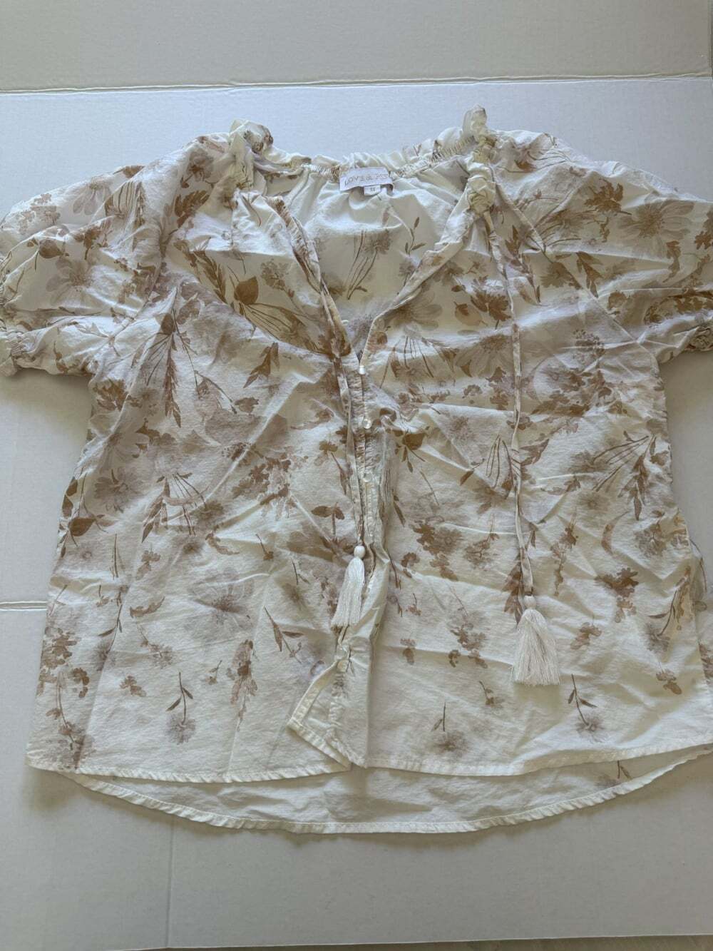 Love & Pie Womens S Floral Blouse Ivory Tan Ruffle Tassel Tie Boho Cotton Top
